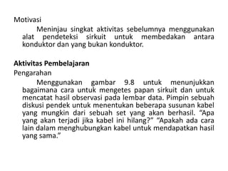 Motivasi
Meninjau singkat aktivitas sebelumnya menggunakan
alat pendeteksi sirkuit untuk membedakan antara
konduktor dan yang bukan konduktor.
Aktivitas Pembelajaran
Pengarahan
Menggunakan gambar 9.8 untuk menunjukkan
bagaimana cara untuk mengetes papan sirkuit dan untuk
mencatat hasil observasi pada lembar data. Pimpin sebuah
diskusi pendek untuk menentukan beberapa susunan kabel
yang mungkin dari sebuah set yang akan berhasil. “Apa
yang akan terjadi jika kabel ini hilang?” “Apakah ada cara
lain dalam menghubungkan kabel untuk mendapatkan hasil
yang sama.”
 
