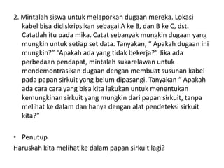 2. Mintalah siswa untuk melaporkan dugaan mereka. Lokasi
kabel bisa didiskripsikan sebagai A ke B, dan B ke C, dst.
Catatlah itu pada mika. Catat sebanyak mungkin dugaan yang
mungkin untuk setiap set data. Tanyakan, “ Apakah dugaan ini
mungkin?” “Apakah ada yang tidak bekerja?” Jika ada
perbedaan pendapat, mintalah sukarelawan untuk
mendemontrasikan dugaan dengan membuat susunan kabel
pada papan sirkuit yang belum dipasangi. Tanyakan “ Apakah
ada cara cara yang bisa kita lakukan untuk menentukan
kemungkinan sirkuit yang mungkin dari papan sirkuit, tanpa
melihat ke dalam dan hanya dengan alat pendeteksi sirkuit
kita?”
• Penutup
Haruskah kita melihat ke dalam papan sirkuit lagi?
 