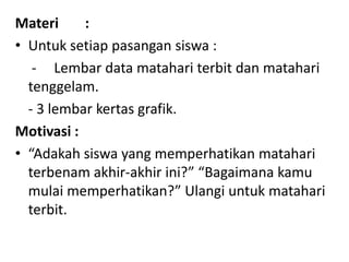 Materi :
• Untuk setiap pasangan siswa :
- Lembar data matahari terbit dan matahari
tenggelam.
- 3 lembar kertas grafik.
Motivasi :
• “Adakah siswa yang memperhatikan matahari
terbenam akhir-akhir ini?” “Bagaimana kamu
mulai memperhatikan?” Ulangi untuk matahari
terbit.
 