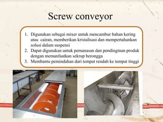 Screw conveyor
1. Digunakan sebagai mixer untuk mencambur bahan kering
atau cairan, memberikan kristalisasi dan mempertahankan
solusi dalam suspensi
2. Dapat digunakan untuk pemanasan dan pendinginan produk
dengan memanfaatkan sekrup berongga
3. Membantu pemindahan dari tempat rendah ke tempat tinggi
 
