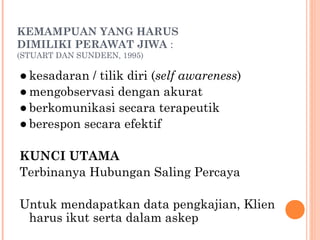 KEMAMPUAN YANG HARUS
DIMILIKI PERAWAT JIWA :
(STUART DAN SUNDEEN, 1995)
● kesadaran / tilik diri (self awareness)
● mengobservasi dengan akurat
● berkomunikasi secara terapeutik
● berespon secara efektif
KUNCI UTAMA
Terbinanya Hubungan Saling Percaya
Untuk mendapatkan data pengkajian, Klien
harus ikut serta dalam askep
 