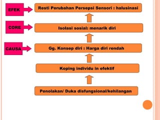 Isolasi sosial: menarik diri
Gg. Konsep diri : Harga diri rendah
Koping individu in efektif
Penolakan/ Duka disfungsional/kehilangan
Resti Perubahan Persepsi Sensori : halusinasi
CORE
CAUSA
EFEK
 