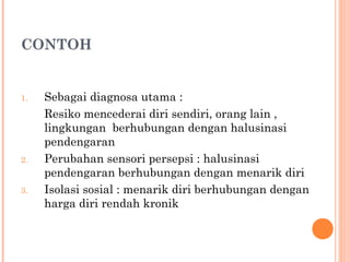 CONTOH
1. Sebagai diagnosa utama :
Resiko mencederai diri sendiri, orang lain ,
lingkungan berhubungan dengan halusinasi
pendengaran
2. Perubahan sensori persepsi : halusinasi
pendengaran berhubungan dengan menarik diri
3. Isolasi sosial : menarik diri berhubungan dengan
harga diri rendah kronik
 