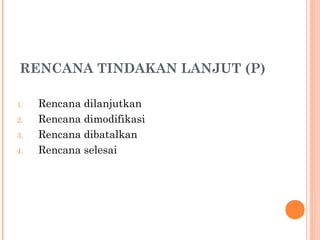 RENCANA TINDAKAN LANJUT (P)
1. Rencana dilanjutkan
2. Rencana dimodifikasi
3. Rencana dibatalkan
4. Rencana selesai
 