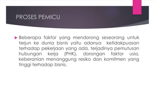 PROSES PEMICU
 Beberapa faktor yang mendorong seseorang untuk
terjun ke dunia bisnis yaitu adanya ketidakpuasan
terhadap pekerjaan yang ada, terjadinya pemutusan
hubungan kerja (PHK), dorongan faktor usia,
keberanian menanggung resiko dan komitmen yang
tinggi terhadap bisnis.
 
