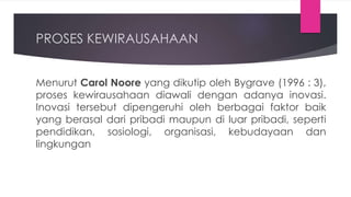 PROSES KEWIRAUSAHAAN
Menurut Carol Noore yang dikutip oleh Bygrave (1996 : 3),
proses kewirausahaan diawali dengan adanya inovasi.
Inovasi tersebut dipengeruhi oleh berbagai faktor baik
yang berasal dari pribadi maupun di luar pribadi, seperti
pendidikan, sosiologi, organisasi, kebudayaan dan
lingkungan
 