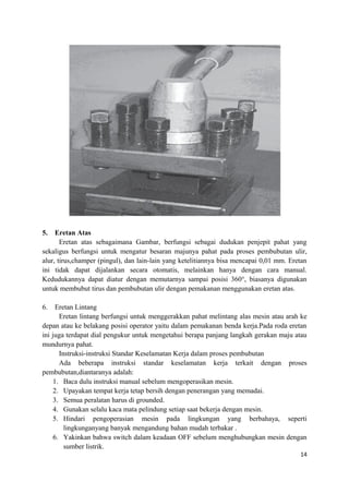 5. Eretan Atas
Eretan atas sebagaimana Gambar, berfungsi sebagai dudukan penjepit pahat yang
sekaligus berfungsi untuk mengatur besaran majunya pahat pada proses pembubutan ulir,
alur, tirus,champer (pingul), dan lain-lain yang ketelitiannya bisa mencapai 0,01 mm. Eretan
ini tidak dapat dijalankan secara otomatis, melainkan hanya dengan cara manual.
Kedudukannya dapat diatur dengan memutarnya sampai posisi 360°, biasanya digunakan
untuk membubut tirus dan pembubutan ulir dengan pemakanan menggunakan eretan atas.
6. Eretan Lintang
Eretan lintang berfungsi untuk menggerakkan pahat melintang alas mesin atau arah ke
depan atau ke belakang posisi operator yaitu dalam pemakanan benda kerja.Pada roda eretan
ini juga terdapat dial pengukur untuk mengetahui berapa panjang langkah gerakan maju atau
mundurnya pahat.
Instruksi-instruksi Standar Keselamatan Kerja dalam proses pembubutan
Ada beberapa instruksi standar keselamatan kerja terkait dengan proses
pembubutan,diantaranya adalah:
1. Baca dulu instruksi manual sebelum mengoperasikan mesin.
2. Upayakan tempat kerja tetap bersih dengan penerangan yang memadai.
3. Semua peralatan harus di grounded.
4. Gunakan selalu kaca mata pelindung setiap saat bekerja dengan mesin.
5. Hindari pengoperasian mesin pada lingkungan yang berbahaya, seperti
lingkunganyang banyak mengandung bahan mudah terbakar .
6. Yakinkan bahwa switch dalam keadaan OFF sebelum menghubungkan mesin dengan
sumber listrik.
14
 