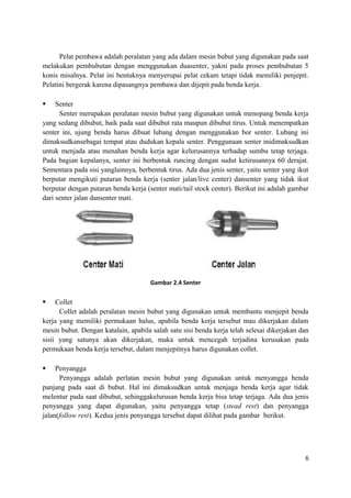 Pelat pembawa adalah peralatan yang ada dalam mesin bubut yang digunakan pada saat
melakukan pembubutan dengan menggunakan duasenter, yakni pada proses pembubutan 5
konis misalnya. Pelat ini bentuknya menyerupai pelat cekam tetapi tidak memiliki penjepit.
Pelatini bergerak karena dipasangnya pembawa dan dijepit pada benda kerja.
 Senter
Senter merupakan peralatan mesin bubut yang digunakan untuk menopang benda kerja
yang sedang dibubut, baik pada saat dibubut rata maupun dibubut tirus. Untuk menempatkan
senter ini, ujung benda harus dibuat lubang dengan menggunakan bor senter. Lubang ini
dimaksudkansebagai tempat atau dudukan kepala senter. Penggunaan senter inidimaksudkan
untuk menjada atau menahan benda kerja agar kelurusannya terhadap sumbu tetap terjaga.
Pada bagian kepalanya, senter ini berbentuk runcing dengan sudut ketirusannya 60 derajat.
Sementara pada sisi yanglainnya, berbentuk tirus. Ada dua jenis senter, yaitu senter yang ikut
berputar mengikuti putaran benda kerja (senter jalan/live center) dansenter yang tidak ikut
berputar dengan putaran benda kerja (senter mati/tail stock center). Berikut ini adalah gambar
dari senter jalan dansenter mati.
Gambar 2.4 Senter
 Collet
Collet adalah peralatan mesin bubut yang digunakan untuk membantu menjepit benda
kerja yang memiliki permukaan halus, apabila benda kerja tersebut mau dikerjakan dalam
mesin bubut. Dengan katalain, apabila salah satu sisi benda kerja telah selesai dikerjakan dan
sisii yang satunya akan dikerjakan, maka untuk mencegah terjadina kerusakan pada
permukaan benda kerja tersebut, dalam menjepitnya harus digunakan collet.
 Penyangga
Penyangga adalah perlatan mesin bubut yang digunakan untuk menyangga benda
panjang pada saat di bubut. Hal ini dimaksudkan untuk menjaga benda kerja agar tidak
melentur pada saat dibubut, sehinggakelurusan benda kerja bisa tetap terjaga. Ada dua jenis
penyangga yang dapat digunakan, yaitu penyangga tetap (stead rest) dan penyangga
jalan(follow rest). Kedua jenis penyangga tersebut dapat dilihat pada gambar berikut.
6
 