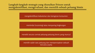Langkah-langkah strategis yang diusulkan Frinzes untuk
mengidentifikasi, mengevaluasi, dan memilih sebuah peluang bisnis
mengidentifikasi kebutuhan dan keinginan konsumen
memindai (scanning) atau menyaring lingkungan
meneliti secara cermat peluang-peluang bisnis yang muncul
memilih salah satu peluang dan mempersiapkan sebuah
rencana usaha
 