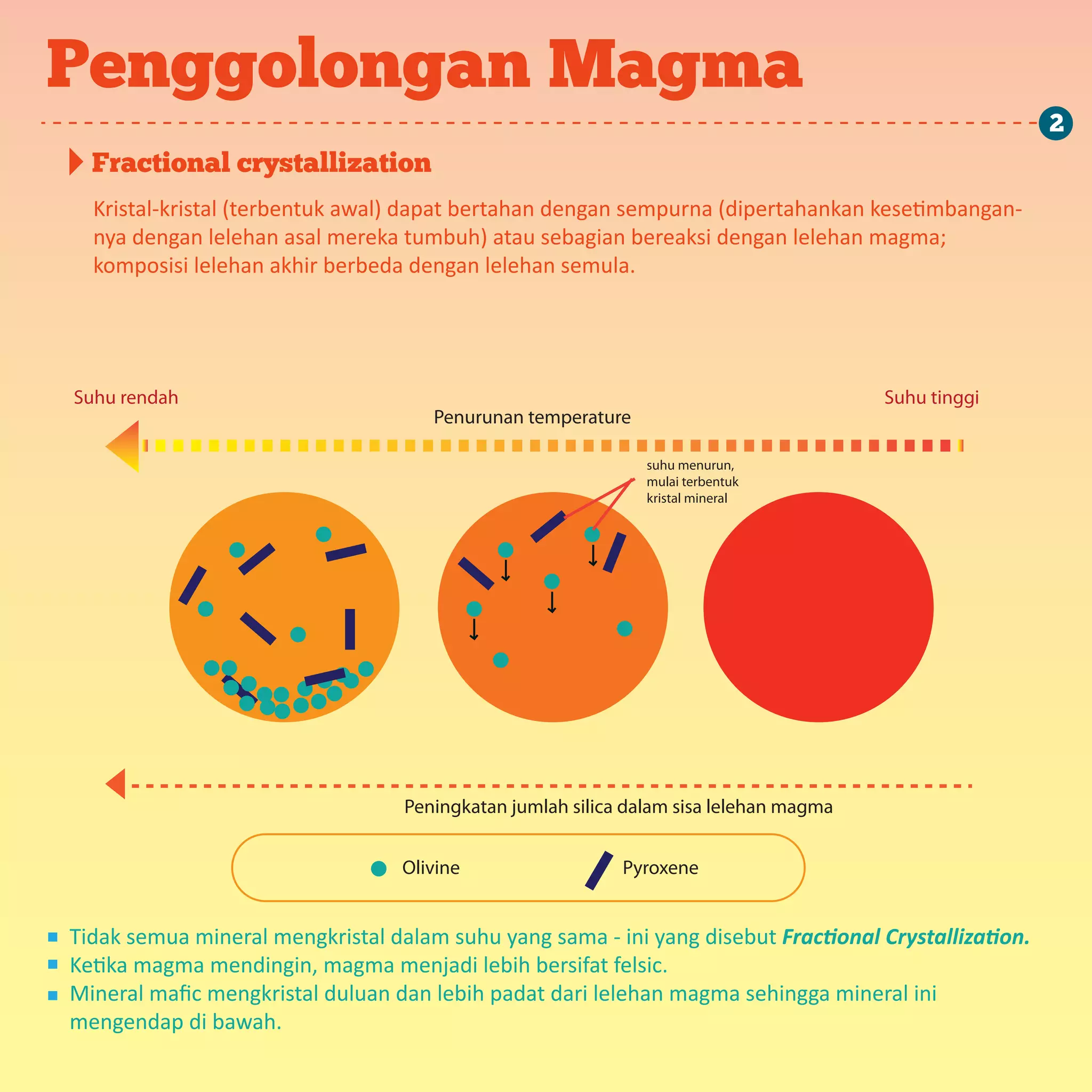 Fractional crystallization
Kristal-kristal (terbentuk awal) dapat bertahan dengan sempurna (dipertahankan kesetimbangan-
nya dengan lelehan asal mereka tumbuh) atau sebagian bereaksi dengan lelehan magma;
komposisi lelehan akhir berbeda dengan lelehan semula.
Tidak semua mineral mengkristal dalam suhu yang sama - ini yang disebut Fractional Crystallization.
Ketika magma mendingin, magma menjadi lebih bersifat felsic.
Mineral maﬁc mengkristal duluan dan lebih padat dari lelehan magma sehingga mineral ini
mengendap di bawah.
Penurunan temperature
Peningkatan jumlah silica dalam sisa lelehan magma
Olivine Pyroxene
Suhu rendah Suhu tinggi
Penggolongan Magma
suhu menurun,
mulai terbentuk
kristal mineral
2
 
