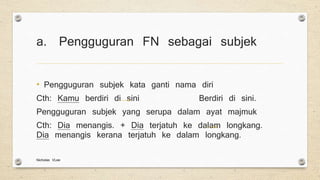 a. Pengguguran FN sebagai subjek
• Pengguguran subjek kata ganti nama diri
Cth: Kamu berdiri di sini Berdiri di sini.
Pengguguran subjek yang serupa dalam ayat majmuk
Cth: Dia menangis. + Dia terjatuh ke dalam longkang.
Dia menangis kerana terjatuh ke dalam longkang.
Nicholas VLee
 