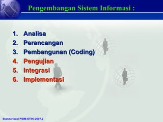 Standarisasi PSIM-STIKI-2007.2
Pengembangan Sistem Informasi :Pengembangan Sistem Informasi :
1.1. AnalisaAnalisa
2.2. Per...