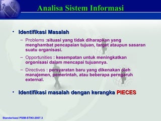 Standarisasi PSIM-STIKI-2007.3
Analisa Sistem InformasiAnalisa Sistem Informasi
• Identifikasi MasalahIdentifikasi Masalah...