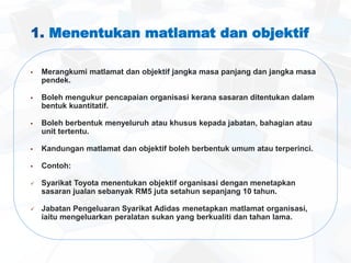 1. Menentukan matlamat dan objektif
 Merangkumi matlamat dan objektif jangka masa panjang dan jangka masa
pendek.
 Boleh mengukur pencapaian organisasi kerana sasaran ditentukan dalam
bentuk kuantitatif.
 Boleh berbentuk menyeluruh atau khusus kepada jabatan, bahagian atau
unit tertentu.
 Kandungan matlamat dan objektif boleh berbentuk umum atau terperinci.
 Contoh:
 Syarikat Toyota menentukan objektif organisasi dengan menetapkan
sasaran jualan sebanyak RM5 juta setahun sepanjang 10 tahun.
 Jabatan Pengeluaran Syarikat Adidas menetapkan matlamat organisasi,
iaitu mengeluarkan peralatan sukan yang berkualiti dan tahan lama.
 