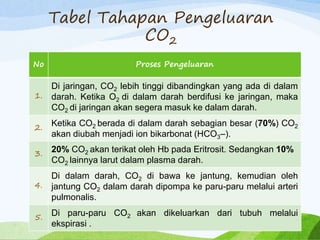 Tabel Tahapan Pengeluaran
CO2
No Proses Pengeluaran
1.
Di jaringan, CO2 lebih tinggi dibandingkan yang ada di dalam
darah. Ketika O2 di dalam darah berdifusi ke jaringan, maka
CO2 di jaringan akan segera masuk ke dalam darah.
2.
Ketika CO2 berada di dalam darah sebagian besar (70%) CO2
akan diubah menjadi ion bikarbonat (HCO3–).
3.
20% CO2 akan terikat oleh Hb pada Eritrosit. Sedangkan 10%
CO2 lainnya larut dalam plasma darah.
4.
Di dalam darah, CO2 di bawa ke jantung, kemudian oleh
jantung CO2 dalam darah dipompa ke paru-paru melalui arteri
pulmonalis.
5.
Di paru-paru CO2 akan dikeluarkan dari tubuh melalui
ekspirasi .
 
