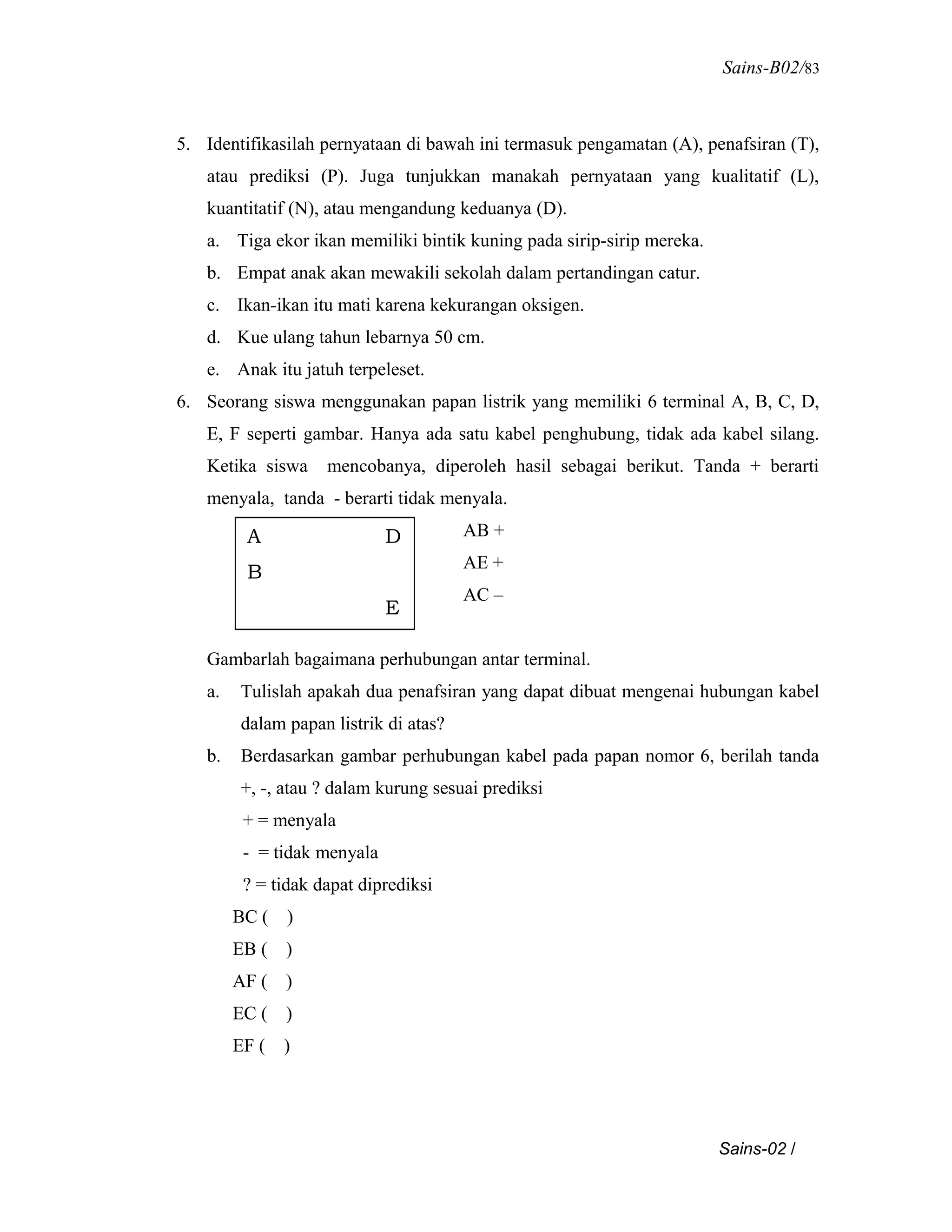 Sains-B02/83
5. Identifikasilah pernyataan di bawah ini termasuk pengamatan (A), penafsiran (T),
atau prediksi (P). Juga tunjukkan manakah pernyataan yang kualitatif (L),
kuantitatif (N), atau mengandung keduanya (D).
a. Tiga ekor ikan memiliki bintik kuning pada sirip-sirip mereka.
b. Empat anak akan mewakili sekolah dalam pertandingan catur.
c. Ikan-ikan itu mati karena kekurangan oksigen.
d. Kue ulang tahun lebarnya 50 cm.
e. Anak itu jatuh terpeleset.
6. Seorang siswa menggunakan papan listrik yang memiliki 6 terminal A, B, C, D,
E, F seperti gambar. Hanya ada satu kabel penghubung, tidak ada kabel silang.
Ketika siswa mencobanya, diperoleh hasil sebagai berikut. Tanda + berarti
menyala, tanda - berarti tidak menyala.
AB +
AE +
AC –
Gambarlah bagaimana perhubungan antar terminal.
a. Tulislah apakah dua penafsiran yang dapat dibuat mengenai hubungan kabel
dalam papan listrik di atas?
b. Berdasarkan gambar perhubungan kabel pada papan nomor 6, berilah tanda
+, -, atau ? dalam kurung sesuai prediksi
+ = menyala
- = tidak menyala
? = tidak dapat diprediksi
BC ( )
EB ( )
AF ( )
EC ( )
EF ( )
Sains-02 /
A D
B
E
 