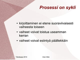 Prosessi on sykli 
● kirjoittaminen ei etene suoraviivaisesti 
vaiheesta toiseen 
● vaiheet voivat toistua useamman 
kerran 
● vaiheet voivat esiintyä päällekkäin 
Tekstipaja 2014 Inka Vilén 
 