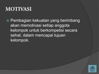 

Pembagian kekuatan yang berimbang
akan memotivasi setiap anggota
kelompok untuk berkompetisi secara
sehat, dalam mencapai tujuan
kelompok.

 