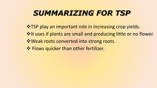 SUMMARIZING FOR TSP
TSP play an important role in increasing crop yields.
It uses if plants are small and producing little or no flower.
Weak roots converted into strong roots.
 Flows quicker than other fertilizer.
 