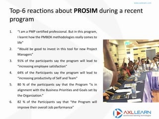 Top-6 reactions about PROSIM during a recent
program
1. “I am a PMP certified professional. But in this program,
I learnt how the PMBOK methodologies really comes to
life”
2. “Would be good to invest in this tool for new Project
Managers”
3. 91% of the participants say the program will lead to
“increasing employee satisfaction”
4. 64% of the Participants say the program will lead to
“increasing productivity of Self and Team”
5. 80 % of the participants say that the Program “is in
alignment with the Business Priorities and Goals set by
the Organization.”
6. 82 % of the Participants say that “the Program will
improve their overall Job performance”
 