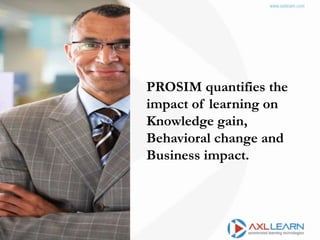 PROSIM quantifies the
impact of learning on
Knowledge gain,
Behavioral change and
Business impact.
 