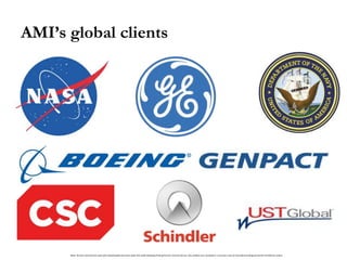 AMI’s global clients
Note: All icons and vectors used were downloaded and used under the understanding of being free for commercial use. Any unlikely non-compliance is purely a case of misunderstandingand will be rectifiedon notice.
 