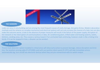 THE DANGERS
Leaks can occur in any building and are among the most frequent causes of costly damage, disruption & loss. Modern decoration
mothods and the reliance on complex mechanical and electrical systems will not only increase the chances of a leak, but can also
make the outcome worse, a leak in the absence of proper measures will result in the failure of the power supply, disruption of
the network or the interruption of communications or data. Air conditioning plant, chilled water and heating systems, toilets,
kitchens, vending areas, etc. Thus causes a serious hazard. If an unchecked leak continuing, however small, is like a ticking time
bomb. If it can be stopped in time, a disaster can be avoided.
THE SOLUTIONS
Prosino leak detection system installed in critical areas will allow early action to prevent damage, reduce disruption and limit
loss. Our position sensing cable (P-LFP1000) used with our position alarm panel (P-LFP1) will take immediate actions
automatically (eg. turn on/off any electronic devices when they are pre-connectored with its switch output.
 