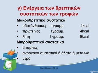 γ) Ενέργεια των θρεπτικών
συστατικών των τροφών
Μακροθρεπτικά συστατικά
• υδατάνθρακες 1γραμμ. 4kcal
• πρωτεΐνες 1γραμμ. 4kcal
• λίπη 1 γραμμ. 9kcal
Μικροθρεπτικά συστατικά
• βιταμίνες
• ανόργανα συστατικά ή άλατα ή μέταλλα
• νερό
Νίκη Κάτσαρη ΠΕ 15
 