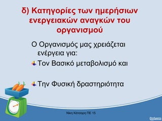 δ) Κατηγορίες των ημερήσιων
ενεργειακών αναγκών του
οργανισμού
Ο Οργανισμός μας χρειάζεται
ενέργεια για:
Τον Βασικό μεταβολισμό και
Την Φυσική δραστηριότητα
Νίκη Κάτσαρη ΠΕ 15
 