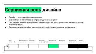 ● Дизайн — это служебная дисциплина.
● Она глубоко интегрирована в производственный цикл.
● Cам по себе дизайн и результаты дизайн-работ не дают ценности и являются только
инструментами.
● В коммерческом дизайне мы чаще всего работаем под задачи маркетинга.
Сервисная роль дизайна
 