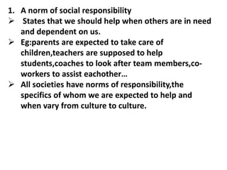 1. A norm of social responsibility
 States that we should help when others are in need
and dependent on us.
 Eg:parents are expected to take care of
children,teachers are supposed to help
students,coaches to look after team members,co-
workers to assist eachother…
 All societies have norms of responsibility,the
specifics of whom we are expected to help and
when vary from culture to culture.
 