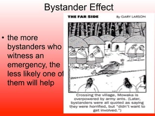 Bystander Effect


• the more
  bystanders who
  witness an
  emergency, the
  less likely one of
  them will help
 