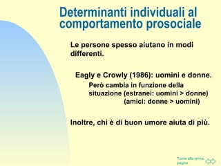 Torna alla prima
pagina
Le persone spesso aiutano in modi
differenti.
Eagly e Crowly (1986): uomini e donne.
Però cambia in funzione della
situazione (estranei: uomini > donne)
(amici: donne > uomini)
Inoltre, chi è di buon umore aiuta di più.
Determinanti individuali al
comportamento prosociale
 