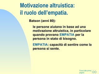 Torna alla prima
pagina
Motivazione altruistica:
il ruolo dell’empatia.
Batson (anni 80):
le persone aiutano in base ad una
motivazione altruistica, in particolare
quando provano EMPATIA per la
persona in stato di bisogno.
EMPATIA: capacità di sentire come la
persona si sente.
 