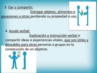 3. Dar y compartir: 
Entregar objetos, alimentos o 
posesiones a otros perdiendo su propiedad o uso. 
4. Ayuda verbal: 
Explicación o instrucción verbal o 
compartir ideas o experiencias vitales, que son útiles y 
deseables para otras personas o grupos en la 
consecución de un objetivo. 
 