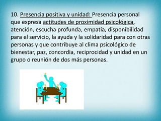 10. Presencia positiva y unidad: Presencia personal 
que expresa actitudes de proximidad psicológica, 
atención, escucha profunda, empatía, disponibilidad 
para el servicio, la ayuda y la solidaridad para con otras 
personas y que contribuye al clima psicológico de 
bienestar, paz, concordia, reciprocidad y unidad en un 
grupo o reunión de dos más personas. 
 