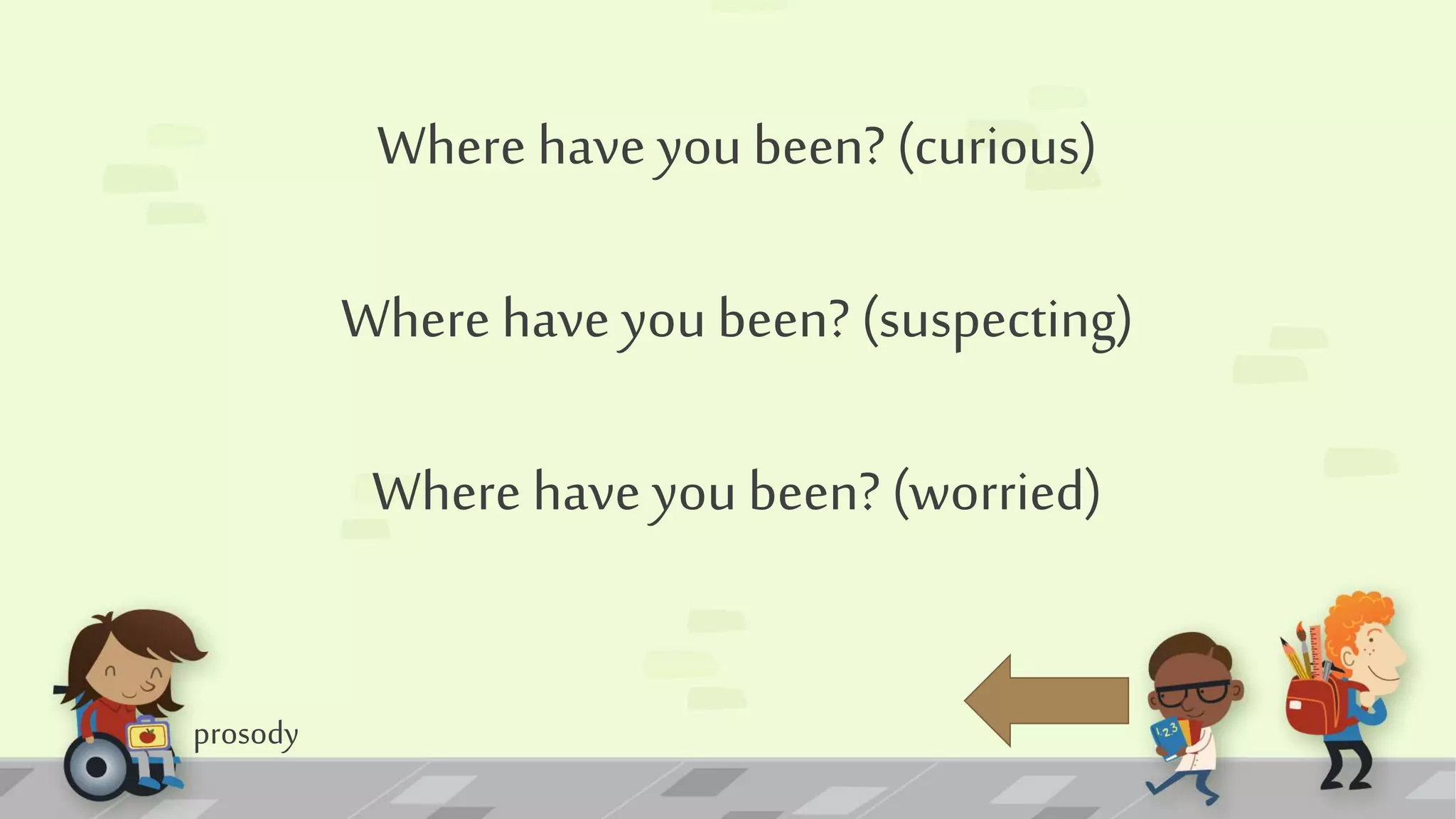 prosody
Where have you been? (curious)
Where have you been? (suspecting)
Where have you been? (worried)
