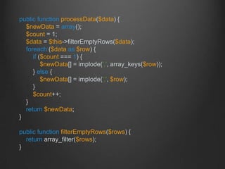 public function processData($data) {
$newData = array();
$count = 1;
$data = $this->filterEmptyRows($data);
foreach ($data as $row) {
if ($count === 1) {
$newData[] = implode(',', array_keys($row));
} else {
$newData[] = implode(',', $row);
}
$count++;
}
return $newData;
}
public function filterEmptyRows($rows) {
return array_filter($rows);
}
 