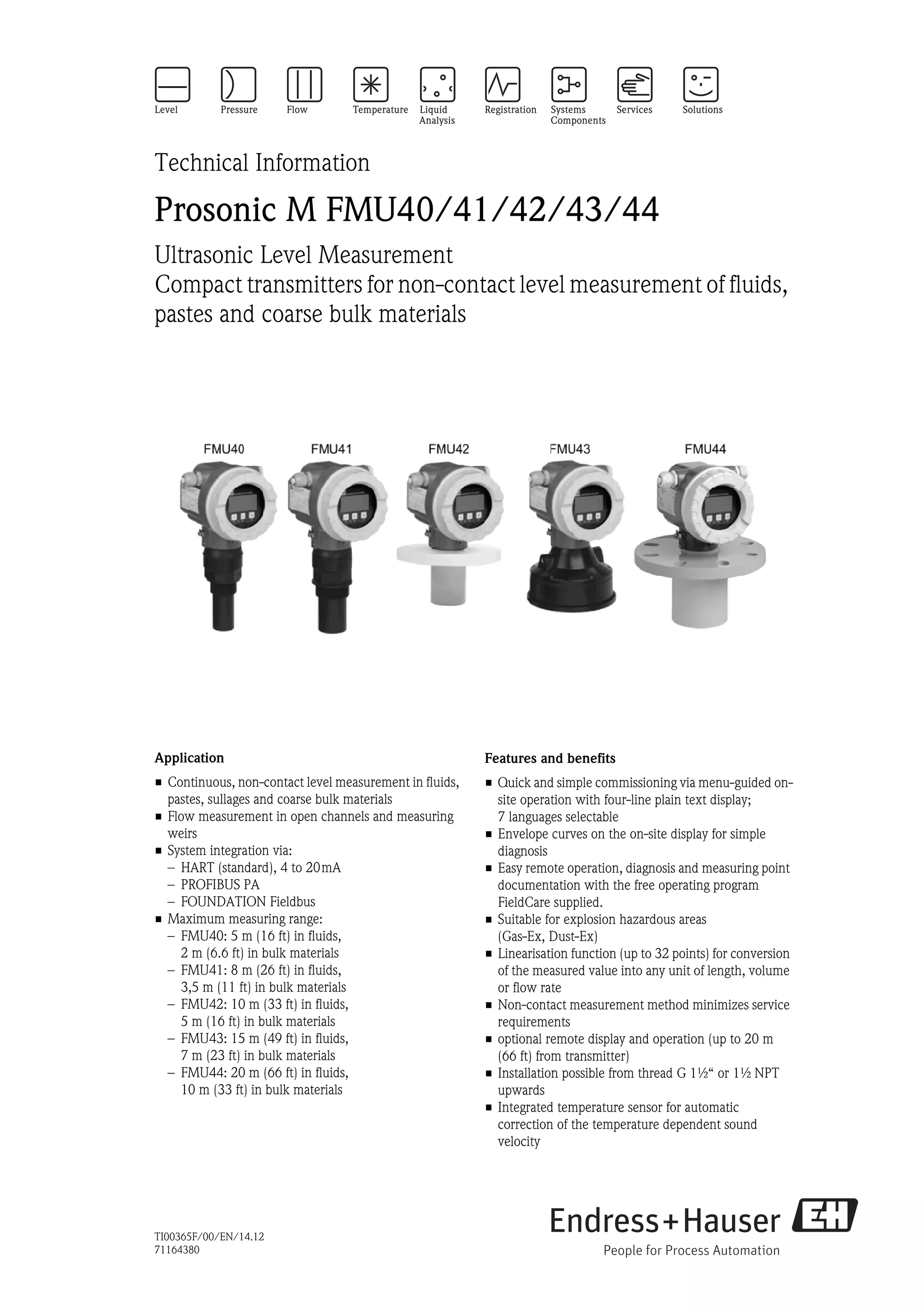 Prosonic m fmu40 41 42_43_44-endress+hauser datasheet-ultrasonic level ...