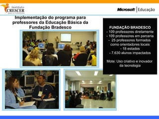 Implementação do programa para professores da Educação Básica da Fundação Bradesco FUNDAÇÃO BRADESCO - 109 professores diretamente - 109 professores em parceria -  25 professores formados  como orientadores locais - 18 estados - 7.630 alunos impactados Mote: Uso criativo e inovador  da tecnologia 