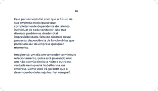 Esse pensamento faz com que o futuro de
sua empresa esteja quase que
completamente dependente do talento
individual de cada vendedor. Isso traz
diversos problemas, desde total
imprevisibilidade, falta de controle nesse
processo, dependência de funcionários que
poderiam sair da empresa qualquer
momento.
Imagine só: um dia um vendedor terminou o
relacionamento, outra está passando mal,
um não dormiu direito a noite e outro na
verdade nem queria trabalhar na sua
empresa. Como você irá garantir que o
desempenho deles seja incrível sempre?
10
 