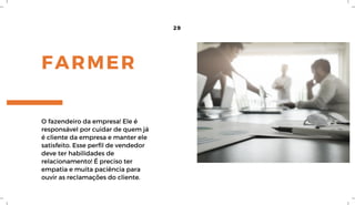 FARMER
29
O fazendeiro da empresa! Ele é
responsável por cuidar de quem já
é cliente da empresa e manter ele
satisfeito. Esse perfil de vendedor
deve ter habilidades de
relacionamento! É preciso ter
empatia e muita paciência para
ouvir as reclamações do cliente.
 