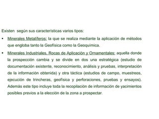 Existen  según sus características varios tipos: Minerales Metalíferos:   la que se realiza mediante la aplicación de métodos que engloba tanto la Geofísica como la Geoquímica. Minerales Industriales, Rocas de Aplicación y Ornamentales:  aquella donde la prospección cambia y se divide en dos una estratégica (estudio de documentación existente, reconocimiento, análisis y pruebas, interpretación de la información obtenida) y otra táctica (estudios de campo, muestreos, ejecución de trincheras, geofísica y perforaciones, pruebas y ensayos). Además este tipo incluye toda la recopilación de información de yacimientos posibles previos a la elección de la zona a prospectar . 