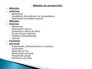 Métodos de prospección.MétodosexternosReferenciasVendedores de productos no competidoresInformación secundaria externaMétodosinternosReferenciasInformación internaDirectorios y bases de datosCorreo directo (mailing)Teléfono (telemarketing)InternetContactopersonalExposiciones, demostraciones y muestrascomercialesDetección en fríoObservación personalProspección grupalSeminarios de venta