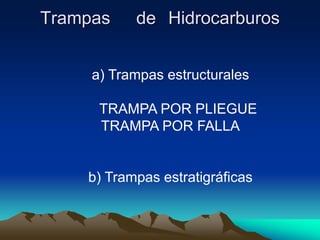 Trampas de Hidrocarburos
a) Trampas estructurales
TRAMPA POR PLIEGUE
TRAMPA POR FALLA
b) Trampas estratigráficas
 