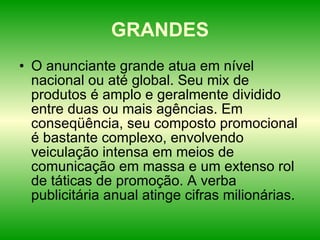 GRANDES O anunciante grande atua em nível nacional ou até global. Seu mix de produtos é amplo e geralmente dividido entre duas ou mais agências. Em conseqüência, seu composto promocional é bastante complexo, envolvendo veiculação intensa em meios de comunicação em massa e um extenso rol de táticas de promoção. A verba publicitária anual atinge cifras milionárias.  