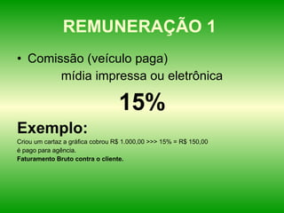 REMUNERAÇÃO 1  Comissão (veículo paga) mídia impressa ou eletrônica 15% Exemplo: Criou um cartaz a gráfica cobrou R$ 1.000,00 >>> 15% = R$ 150,00 é pago para agência. Faturamento Bruto contra o cliente. 