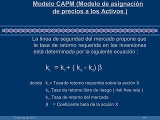 22 de oct de 2015 64
Modelo CAPM (Modelo de asignación
de precios a los Activos )
La línea de seguridad del mercado propone que
la tasa de retorno requerida en las inversiones
está determinada por la siguiente ecuación :
kx = krf + ( km - krf) β
donde kx = Tasade retorno requerida sobre la acción X
krf = Tasa de retorno libre de riesgo ( risk free rate )
km = Tasa de retorno del mercado
β = Coeficiente beta de la acción X
 