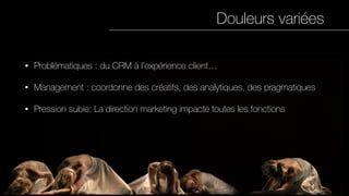 Douleurs variées
• Problématiques : du CRM à l’expérience client…
• Management : coordonne des créatifs, des analytiques, des pragmatiques
• Pression subie: La direction marketing impacte toutes les fonctions
 