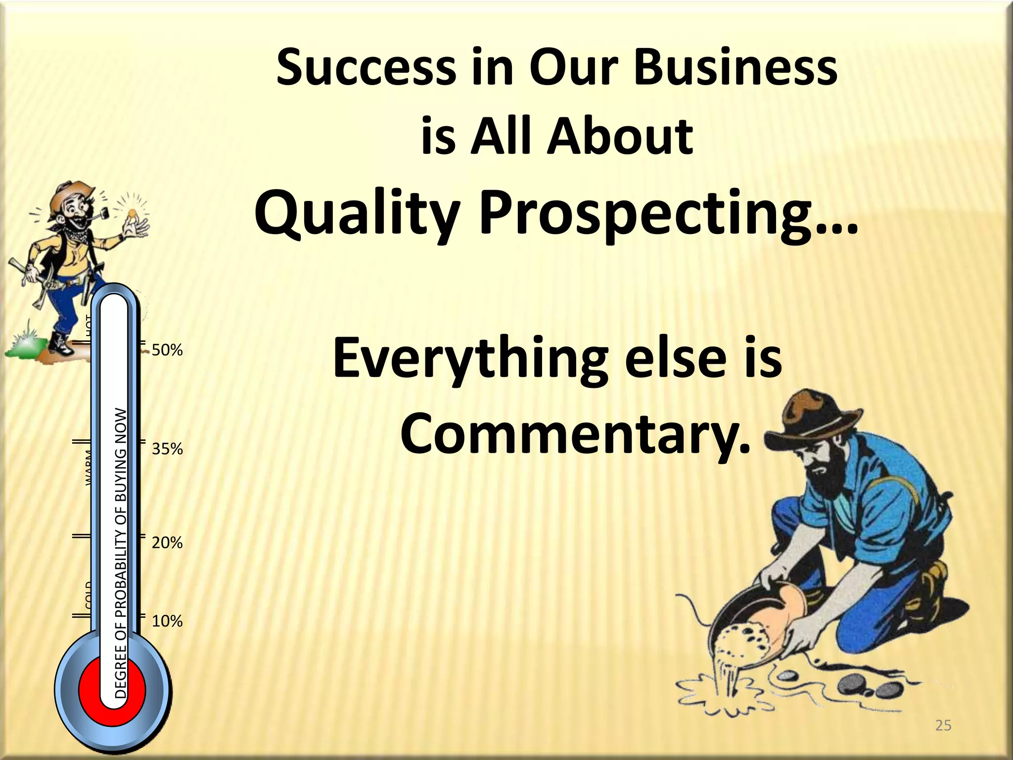 Weekly Sales Success FormulaBelow, the Weekly Sales Success Formula is charted in the form of a funnel.  On the left-hand side of the funnel, you will see “Guidelines” showing the suggested number of Suspects, New Contacts, Follow-up Contacts, Cases Opened, Closing, Sales and Commissions. On the line below the funnel, enter the average weekly amount of “Commissions” you wish to generate.  Then develop, and fill in the lines down the right-hand side of the funnel, “Your Standards” — as required to generate the “Commissions” you set to achieve.“SUSPECT” - New people whom you plan to contact in the near future.  You only have a “Suspect” when you know the name, address where to be contacted, phone number, occupation, approximate age, family status, hobbies, interests, etc.“NEW CONTACT” - A ‘New contact’ is when you have an appointment to speak to someone for the first time about one of the company’s products.“FOLLOW-UP CONTACT” - A second or subsequent interview, as part of the selling process, on any previously Opened Case.“NEW CASE OPENED” - A “Case” is “Opened” when you have had your first interview and decide to continue your negotiations.“CLOSE” - A “Close” consists of a face to face (not telephone) conversation during which you ask the prospect to take some positive action, such as signing the application, to be recorded whether the attempt was successful or unsuccessful.“SALE” - A “Sale” is any interview which results in your obtaining all the necessary requirementsto complete a sale: — signed application, premium payment, medical evidence arranged.21